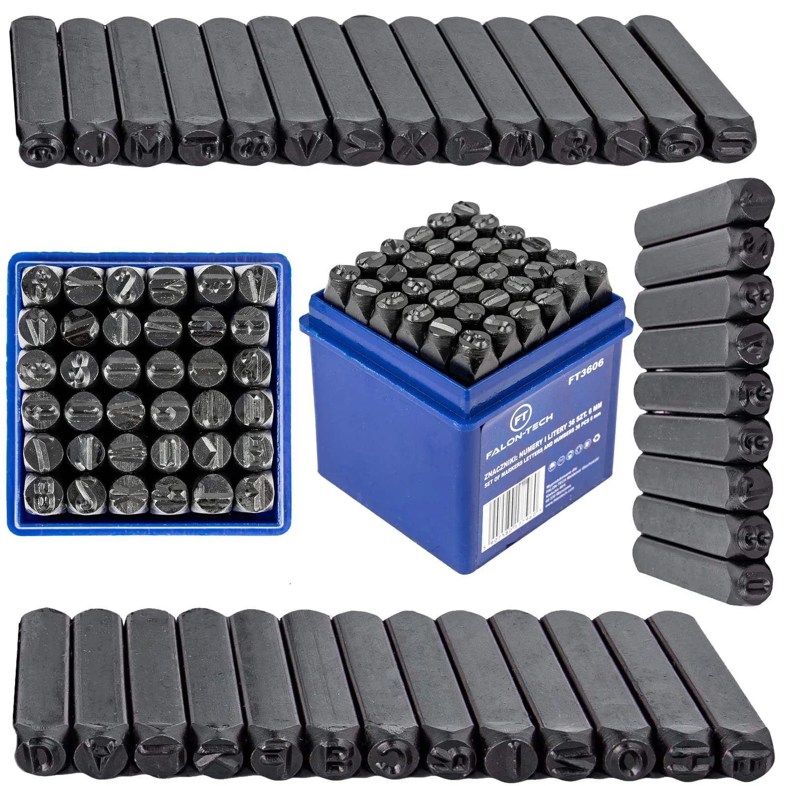 Numeratory znaczniki stemple wybijaki do metalu litery + cyfry 6mm 36el. FALON-TECH