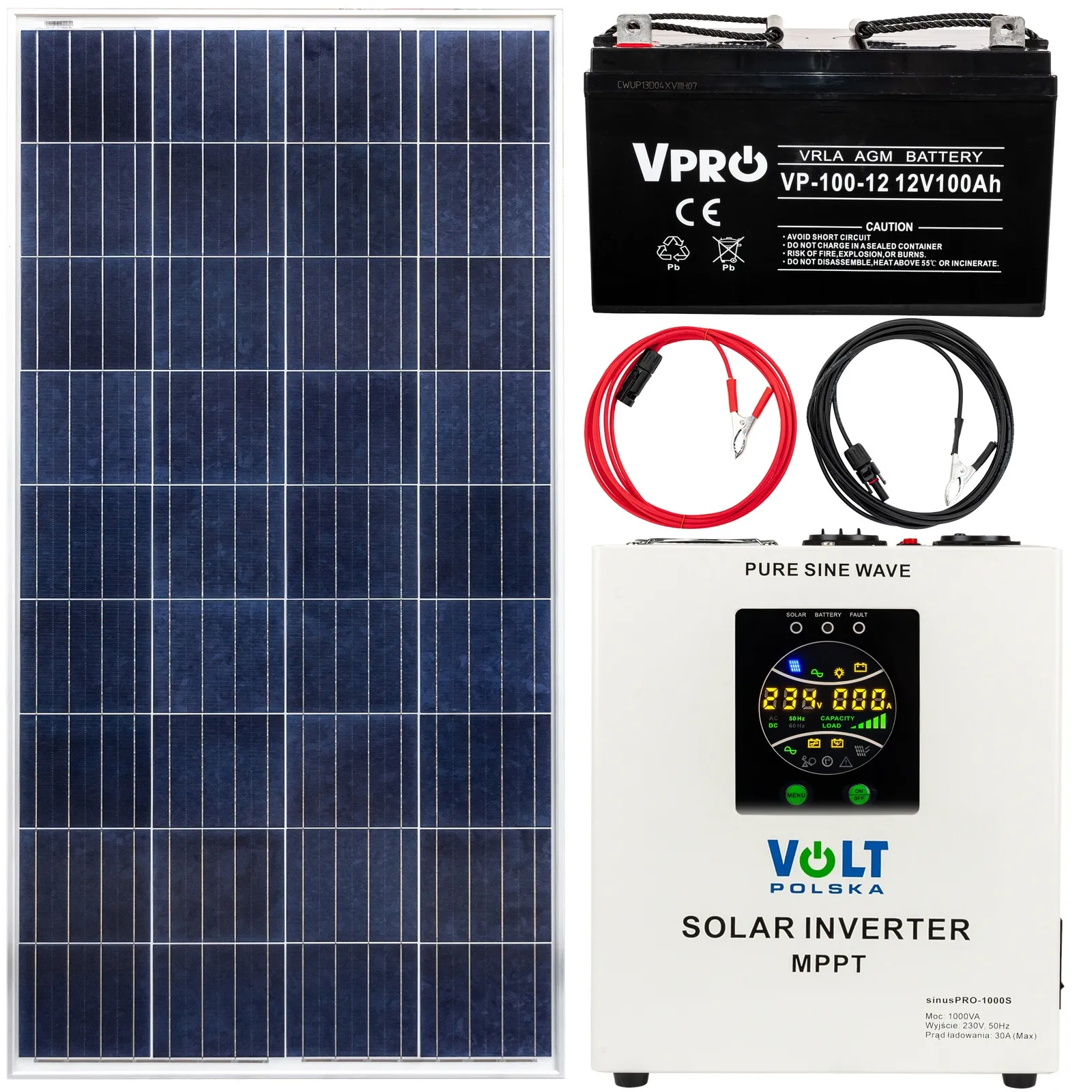 Zestaw solarny bateria słoneczna 180W 100Ah (Panel, Przetwornica 1000S, Akumulator)