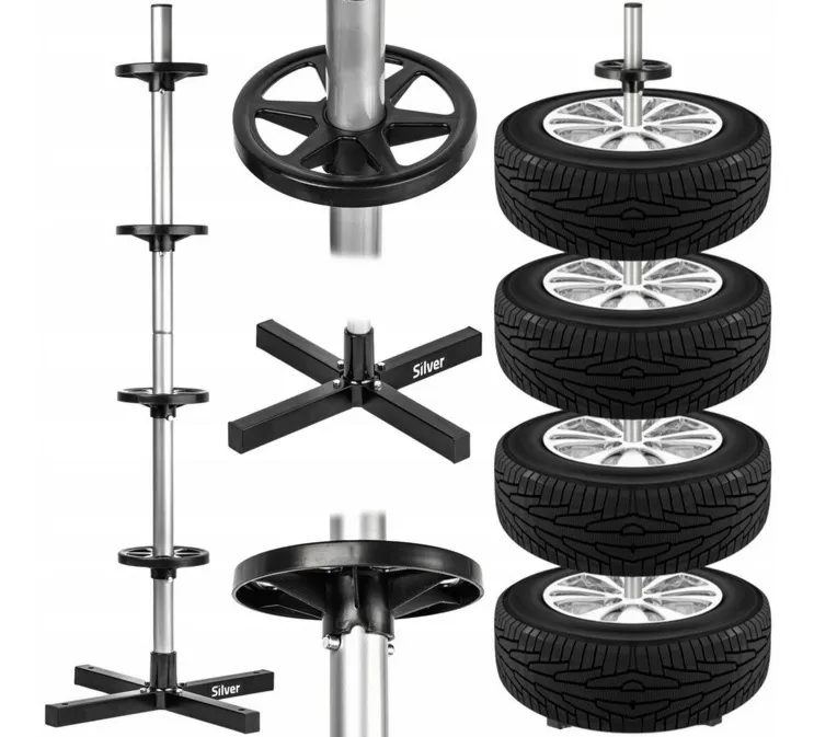 Stojak na opony koła felgi regał pionowy na 4 opony do garażu SILVER