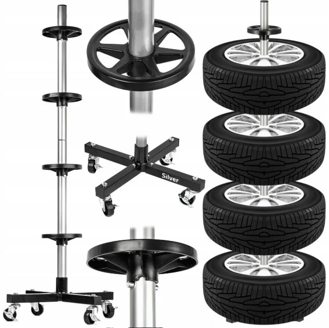 Stojak na opony koła felgi regał pionowy z kółkami na 4 opony do garażu SILVER