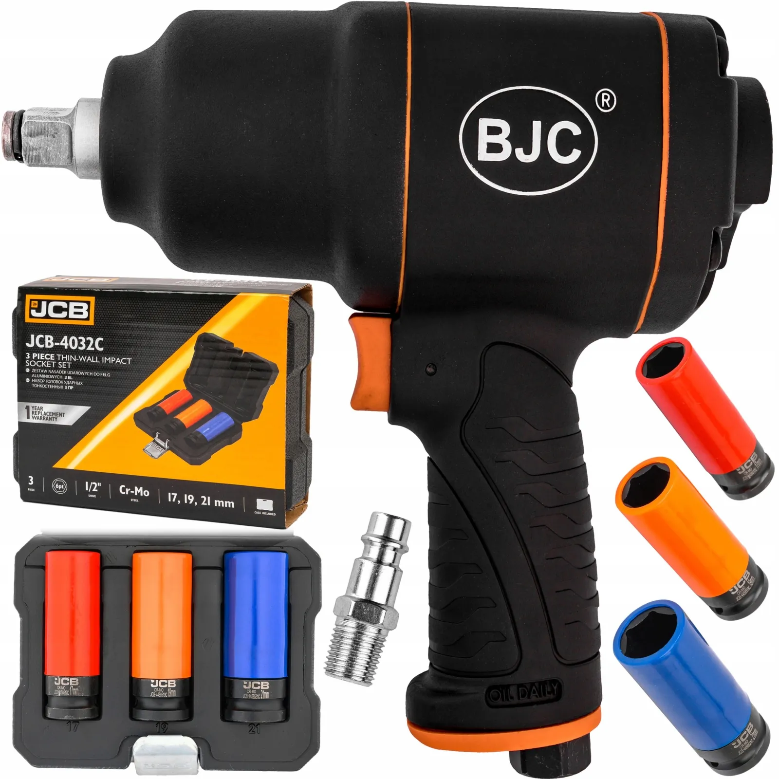 Klucz pneumatyczny udarowy do kół 1/2" BJC + nasadki do felg 17 19 21mm JCB
