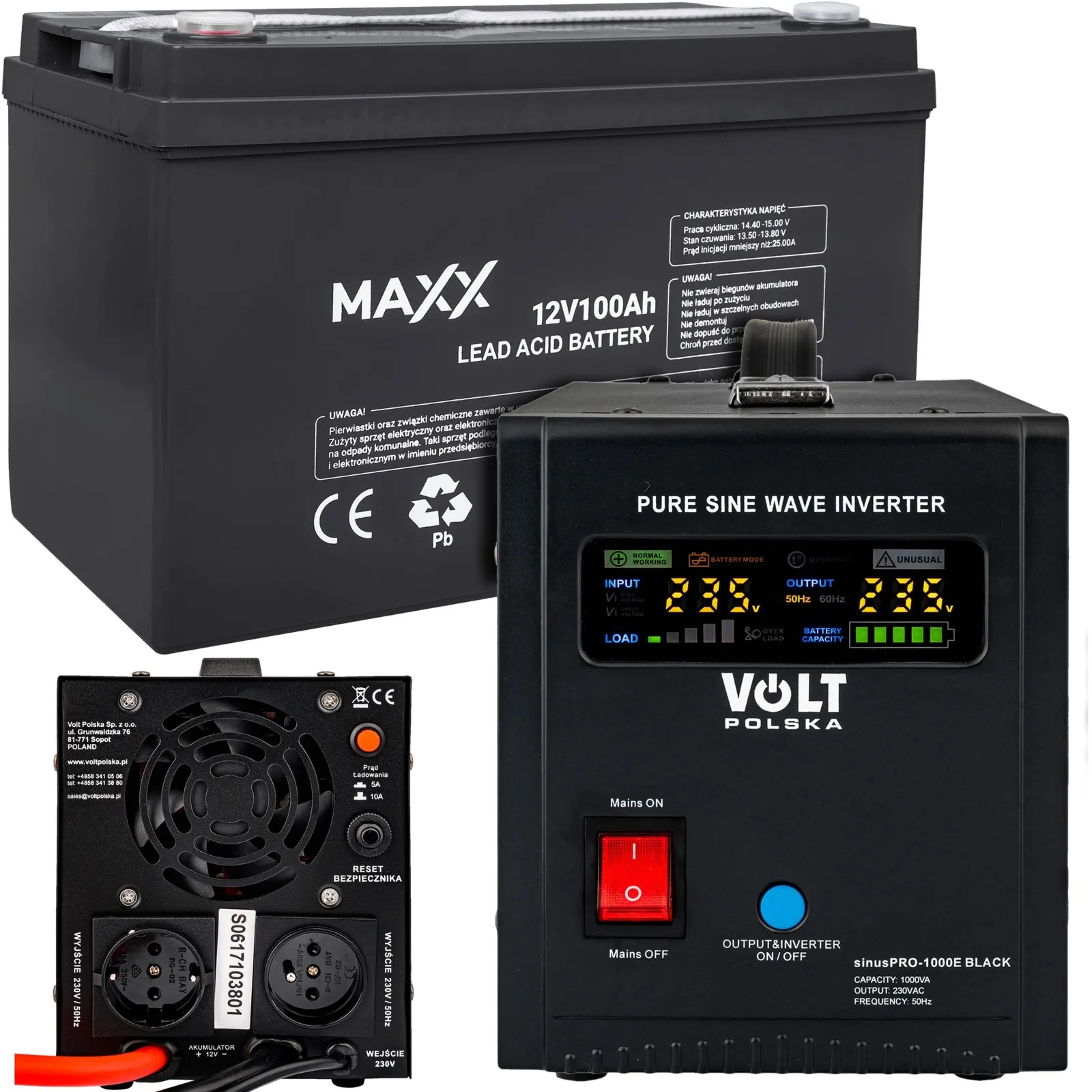 Zestaw awaryjne zasilanie przetwornica UPS SINUSPRO - 1000E 12V black + Akumulator 100Ah