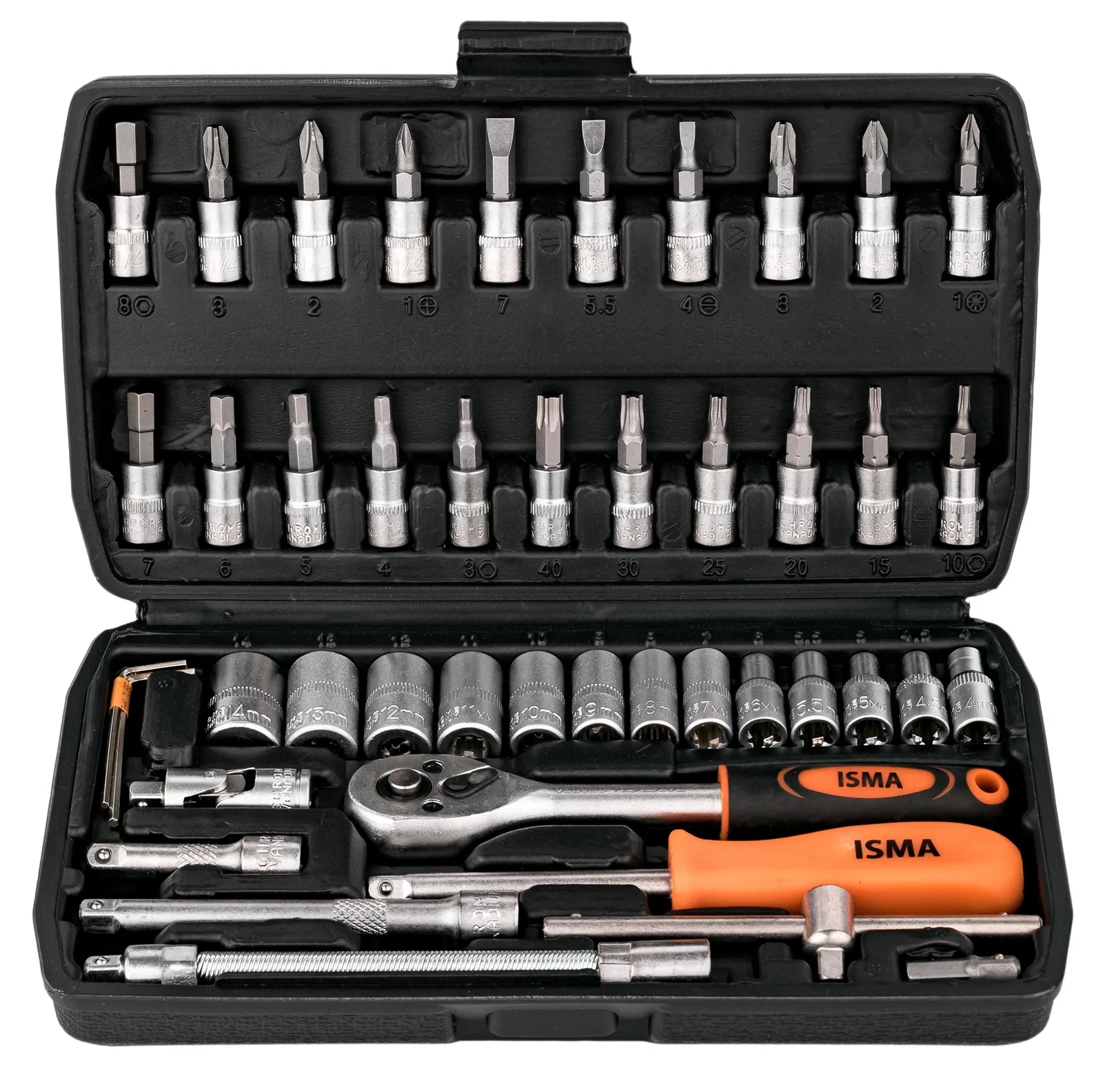 Zestaw kluczy nasadowych 1/4" 46 elementów TORX HEX PZ PH w walizce ISMA