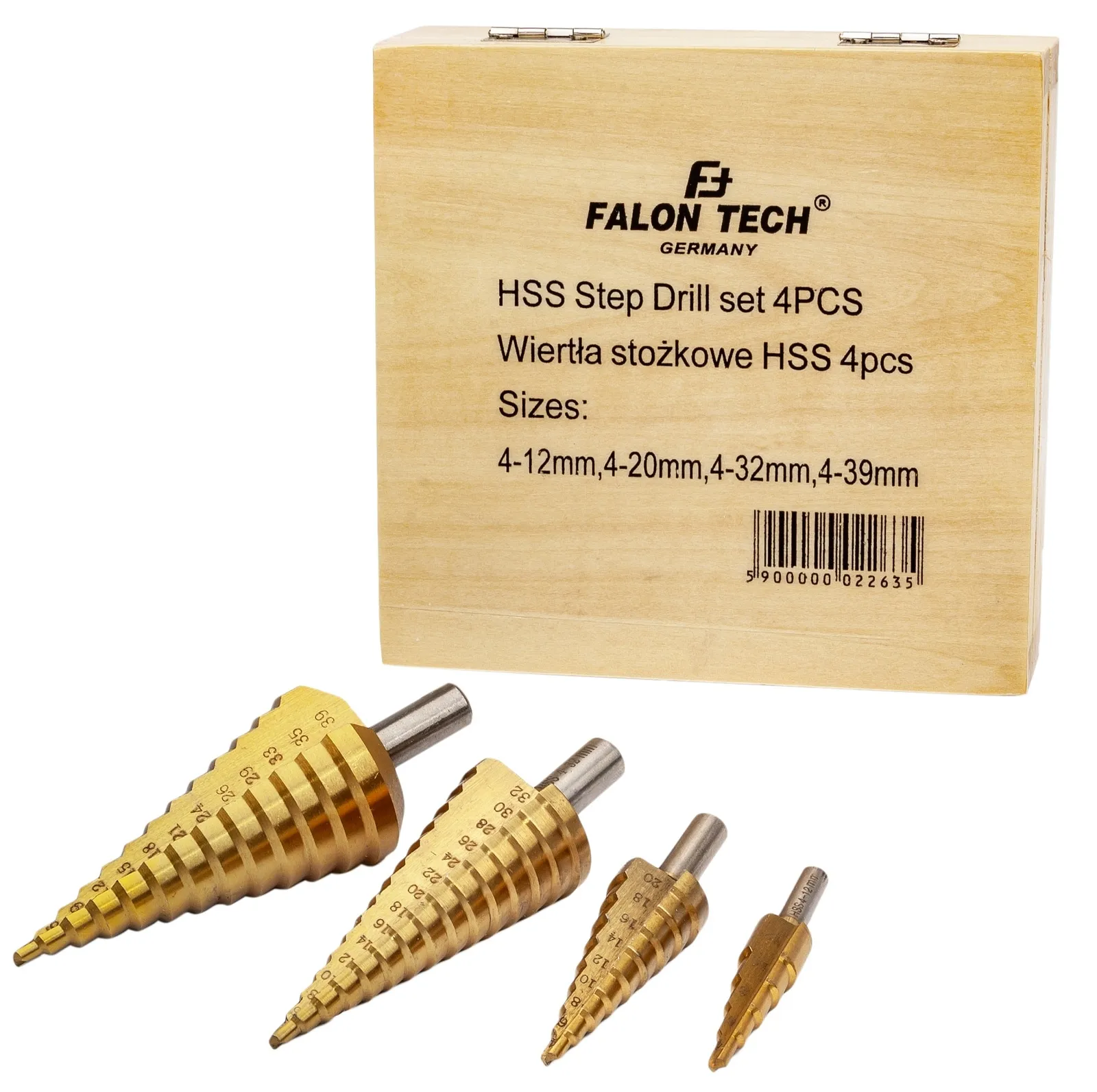 Wiertła stożkowe stopniowe HSS tytanowe 4 sztuki (4-39 mm) FALON-TECH