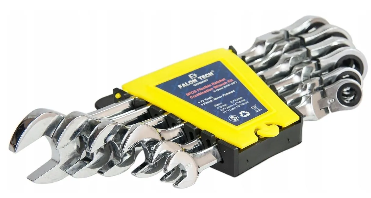 Klucze płasko oczkowe z grzechotką łamane 8-19 mm 6 sztuk FALON-TECH