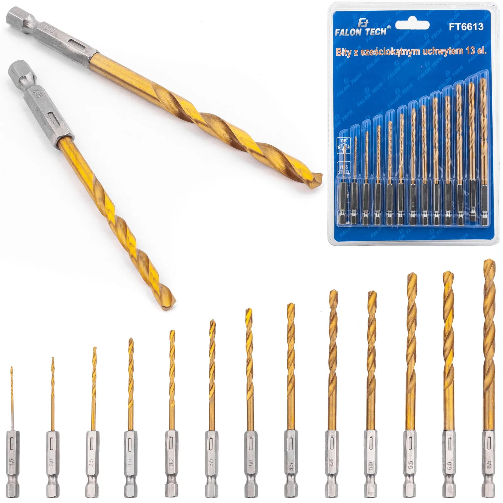 Wiertła do metalu tytanowane 1.5-6.5 mm HSS (zestaw 13szt) FALON-TECH
