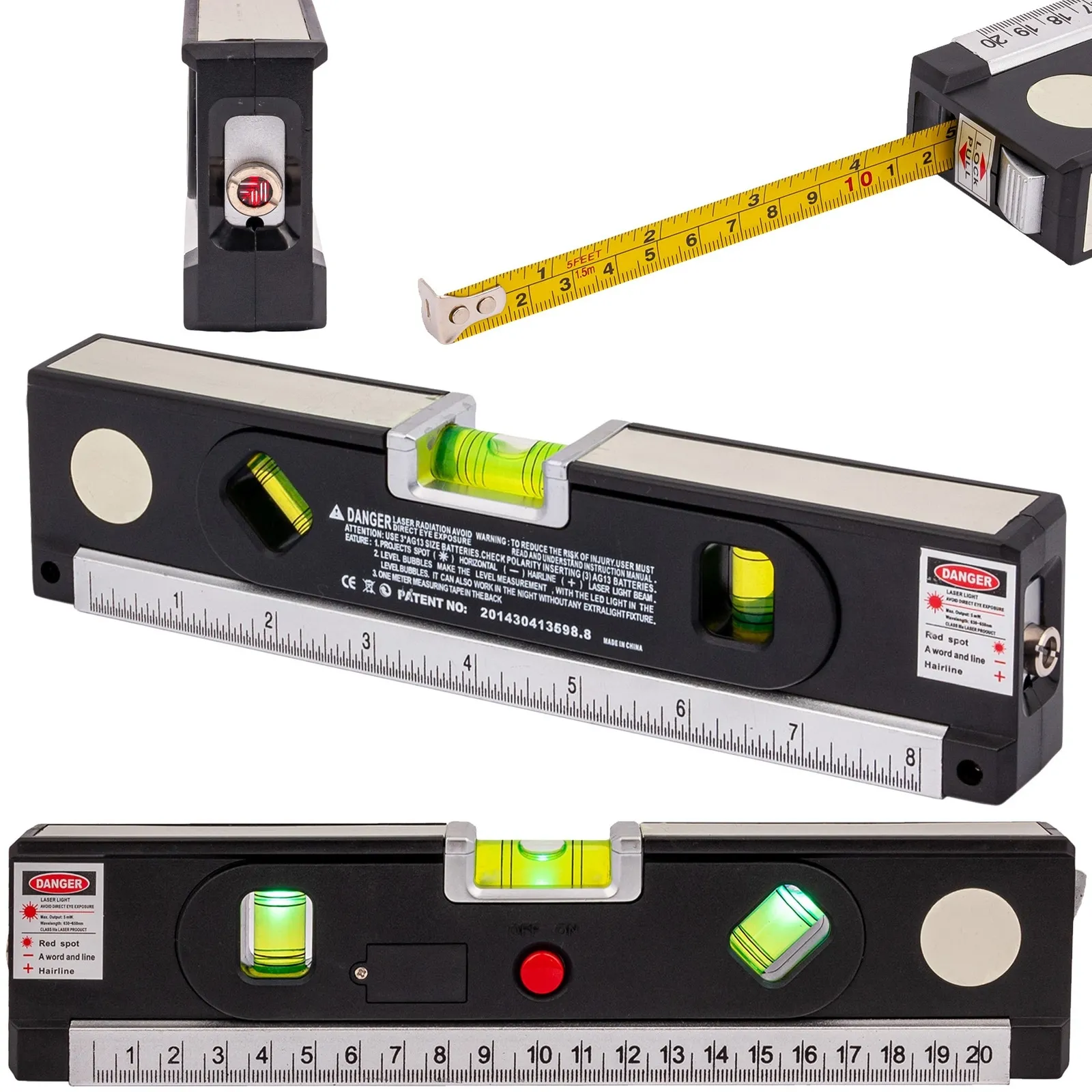 Poziomica laserowa z miarką standardową i zwijaną 150cm +LED GEKO