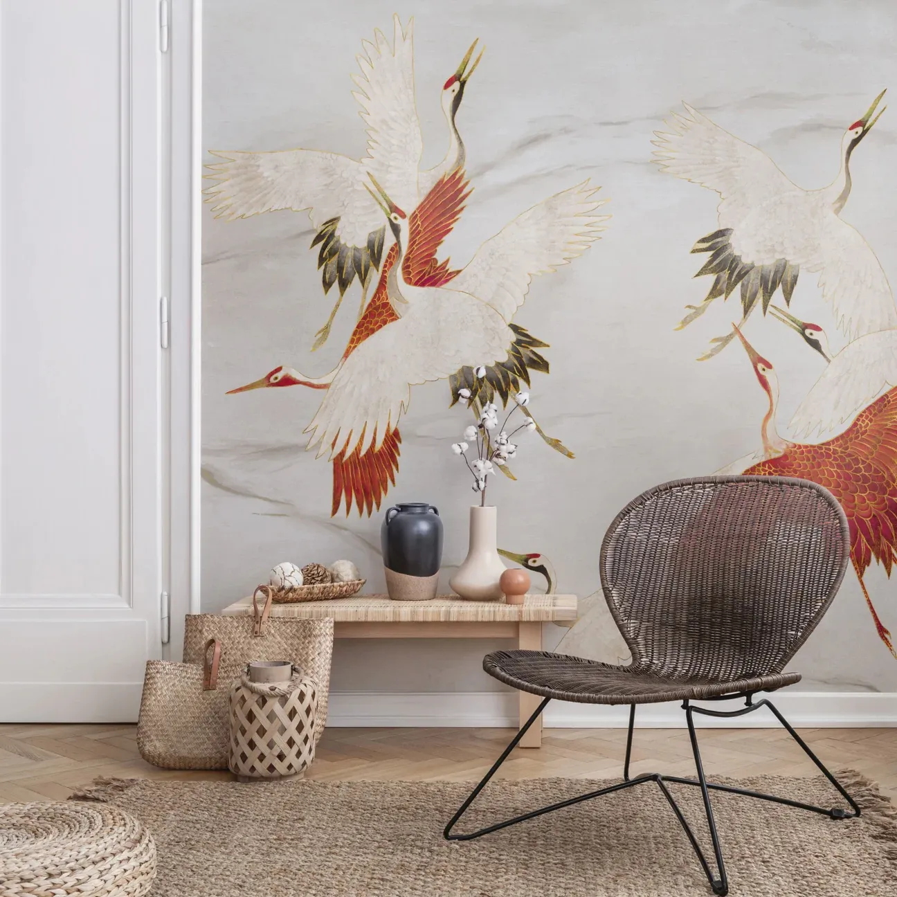 Tapeta Wall Art Creamy Tsuru - standaryzowane rolki