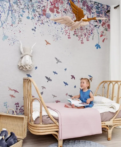 Walltime - MEADOW tapeta dla dzieci w kwiaty i ptaki