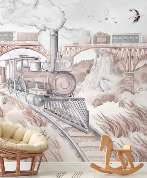 Walltime - MAGIC TRAIN BROWN tapeta z retro pociągiem