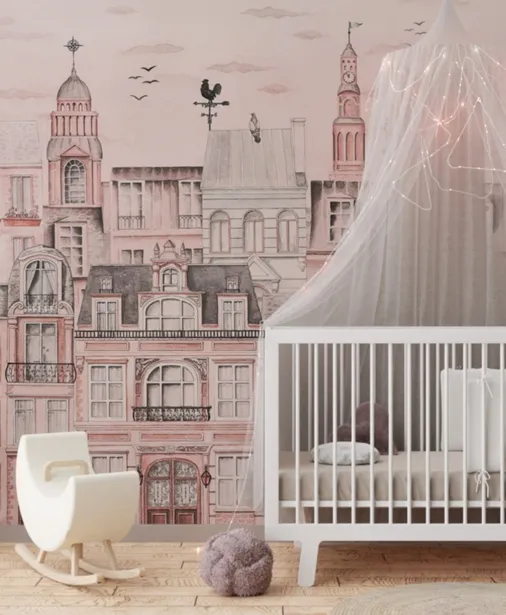 Walltime - CHARMING PARIS PINK tapeta dla dziewczynki różowe kamieniczki