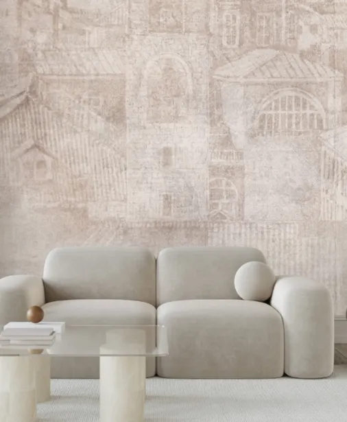 Walltime - RADOST - beżowa tapeta do sypialni z widokiem na miasto