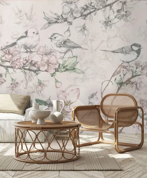 Walltime - ARRIVO - tapeta do sypialni - ptaszki i kwiaty wiśni