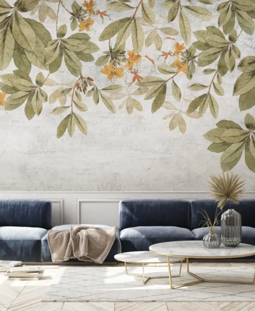 Walltime - AMARILLO - tapeta do salonu żółte kwiaty i zielone liście na tle betonu