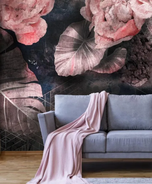 Walltime - NATURE'S VICTORY  duże kwiaty piwonii i liście art deco