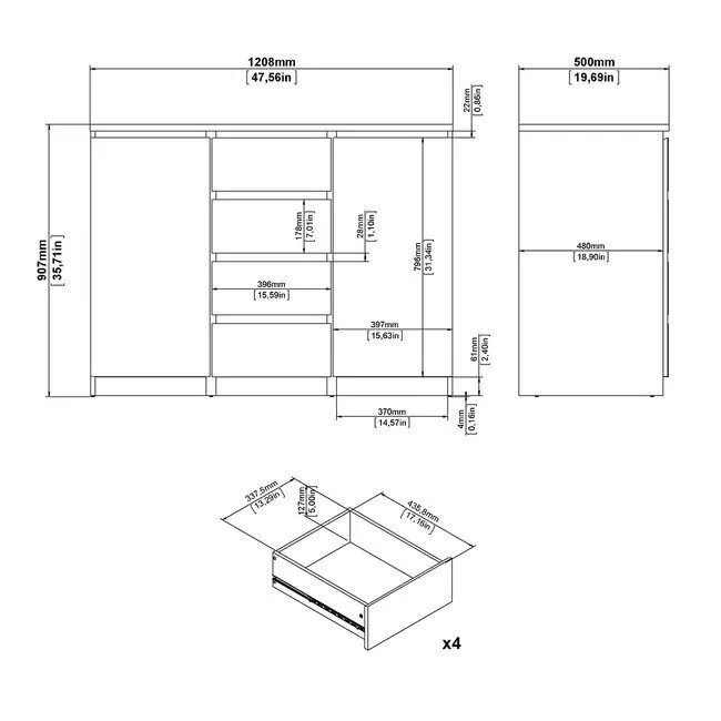 Komoda z szufladami i drzwiami biała wysoki połysk 121 cm Naia