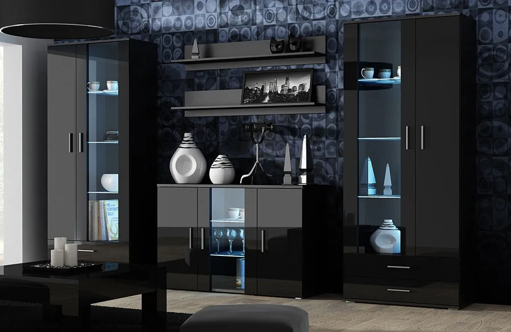 Meblościanka do salonu czarna mat / połysk 330 cm Simple