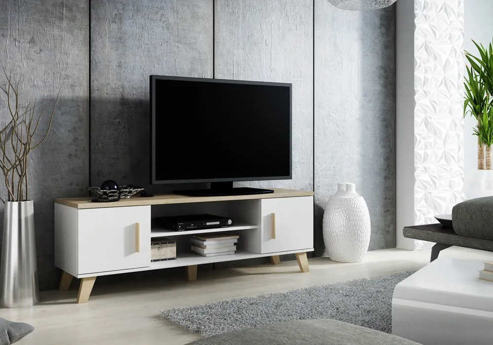 Szafka RTV biała / dąb sonoma mat 160 cm Livorno