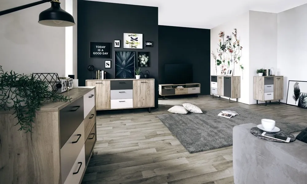 Szafka RTV biała / dąb / szara mat 160 cm Orlando