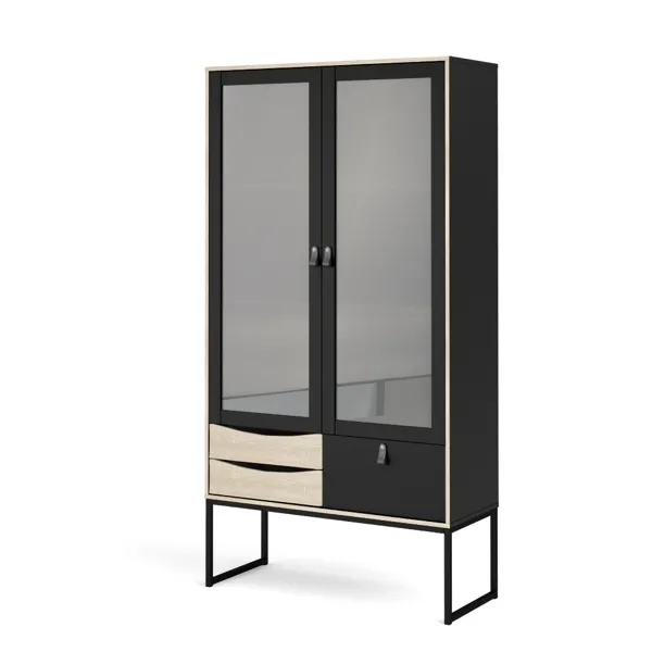 Witryna dwudrzwiowa z szufladami czarna / dąb sonoma mat 99 x 189 cm Stubbe