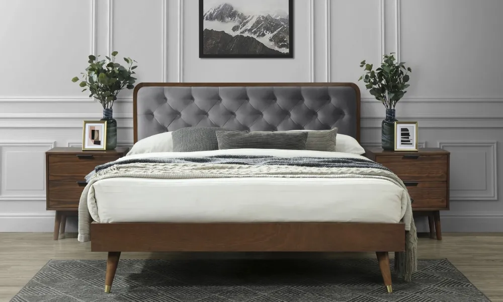 Łóżko dwuosobowe szare / orzech 160x200 cm Cassidy