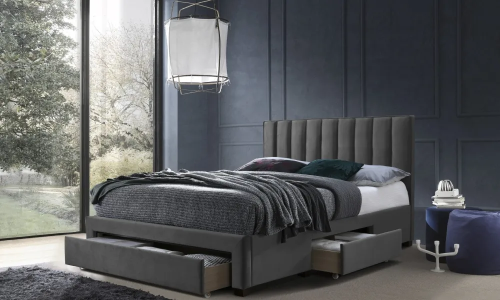 Łóżko tapicerowane z szufladą szare 160x200 cm Grace