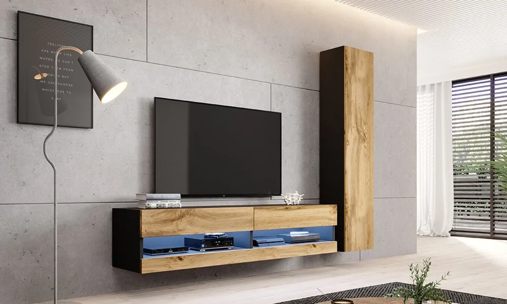 Witryna wisząca czarna / dąb wotan mat 40 x 180 cm Vidago