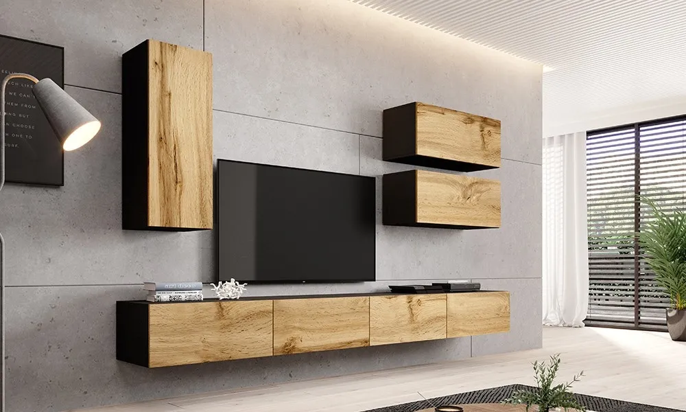 Witryna wisząca czarna / dąb wotan mat 35 x 90 cm Vidago