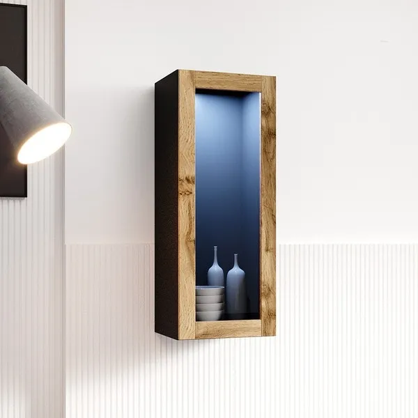 Witryna wisząca przeszklona czarna / dąb wotan mat 35 x 90 cm Vidago