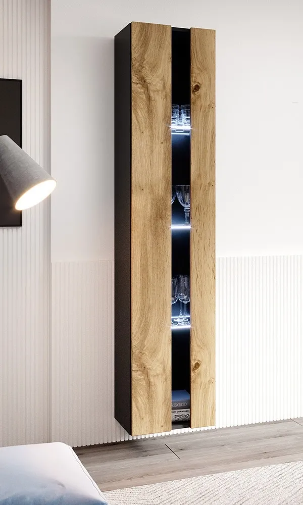 Witryna wisząca podświetlana czarna / dąb wotan mat 40 x 180 cm Vidago