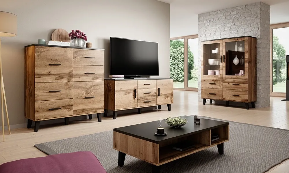 Witryna dwudrzwiowa z szufladami dąb wotan / czarna mat 120 x 160 cm Livorno