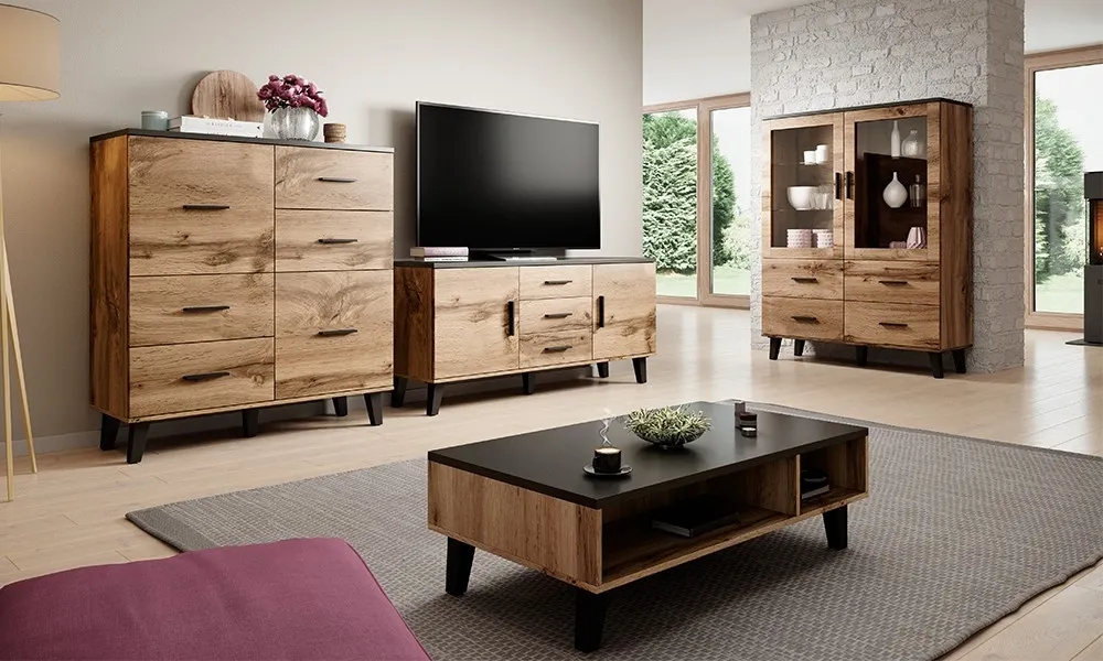 Stolik kawowy z półkami dąb wotan / czarny mat 110 x 60 cm Livorno