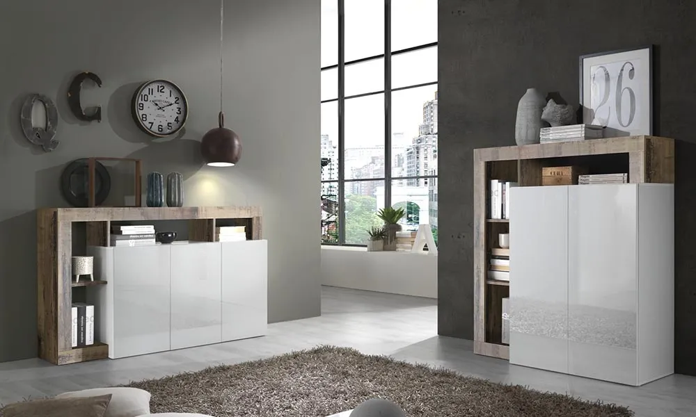 Komoda z drzwiami biała / klon Pero wysoki połysk / mat 146 cm Verden