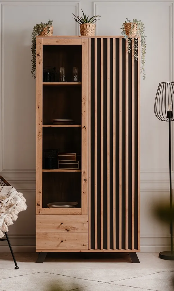 Witryna dwudrzwiowa z szufladami dąb artisan / antracyt mat 92 x 198 cm Medan