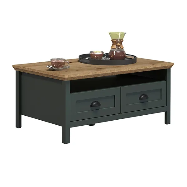 Stolik kawowy z szufladą zielony / dąb mat 101 x 60 cm Emerald
