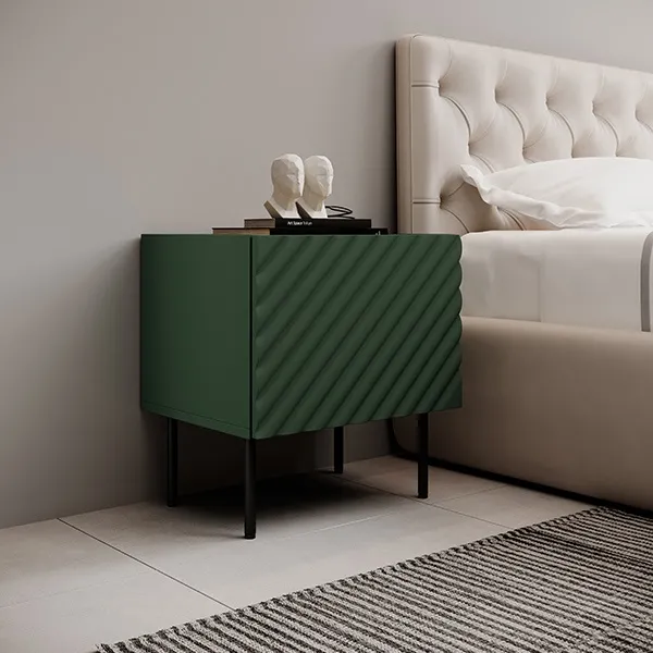 Szafka nocna Noir 50 cm, 1 drzwi, zielony mat z frezowanym frontem, blat artisan, komplet 2 sztuki