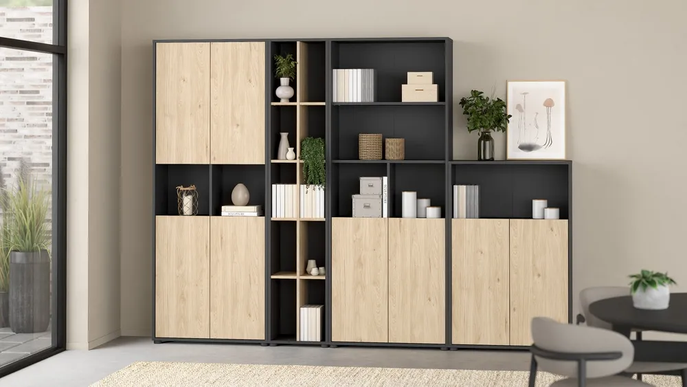 Regał biurowy z drzwiami niski Sign, 80 x 34 x 124 cm, szary mat, jackson hickory,