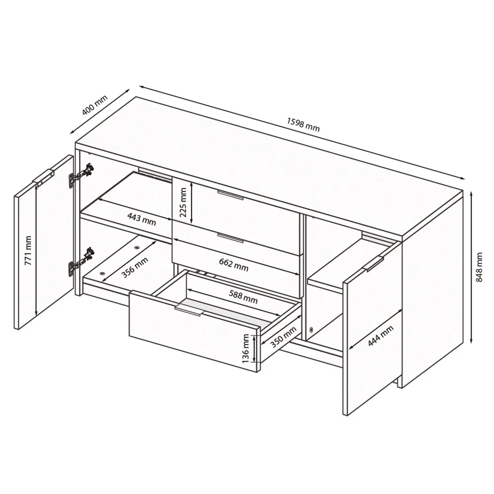 Komoda z szufladami i drzwiami biała wysoki połysk 160 cm Roma