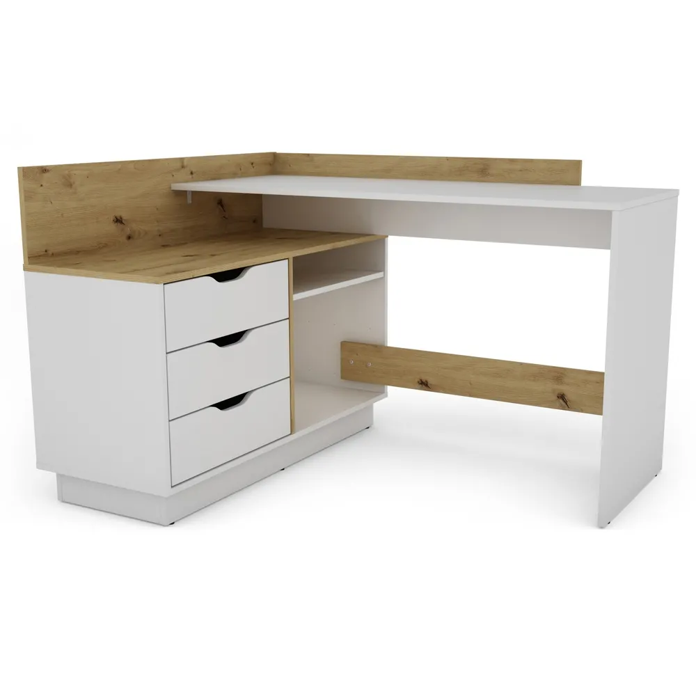 Biurko narożne białe / dąb artisan mat 129 cm Filo 2