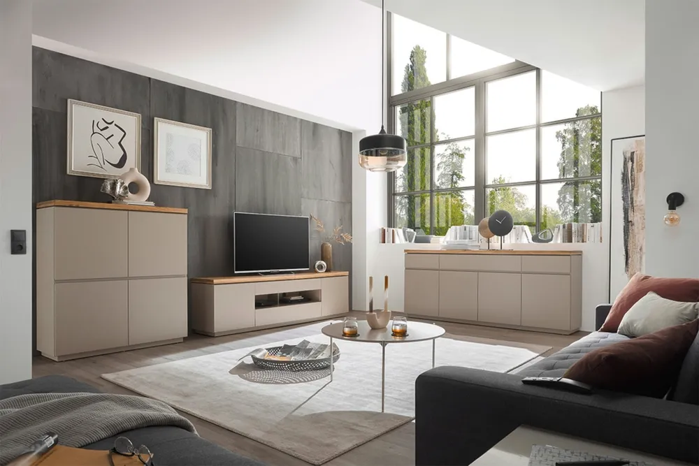 Komoda z szufladami i drzwiami beżowoszara / drewno akacjowe mat 200 cm Cavo