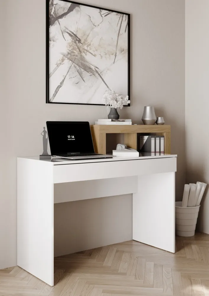 Biurko z regałemi białe / dąb Cadiz wysoki połysk / mat 138 cm Verden