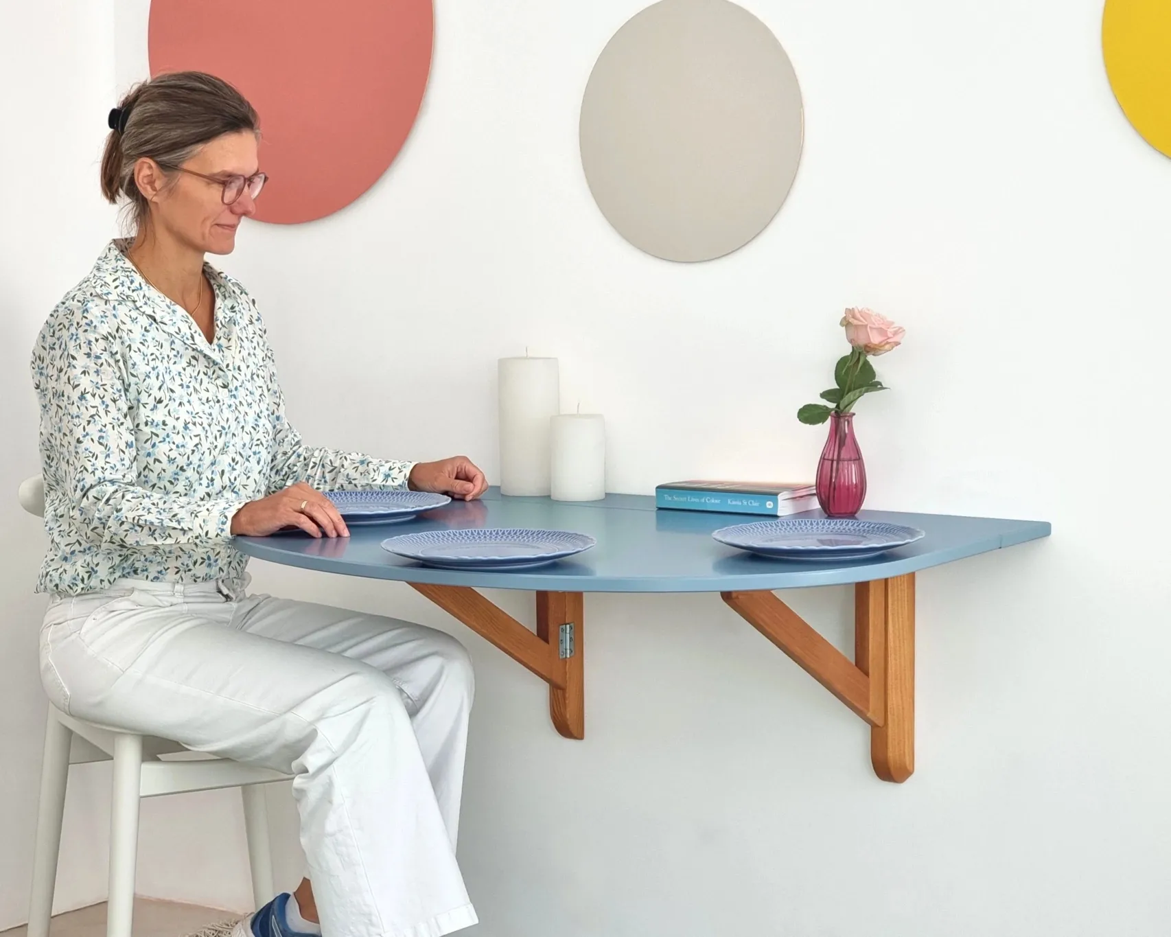 Półowalny Stół Ścienny Opadający KLAPP 75x100cm Wapień Jesion