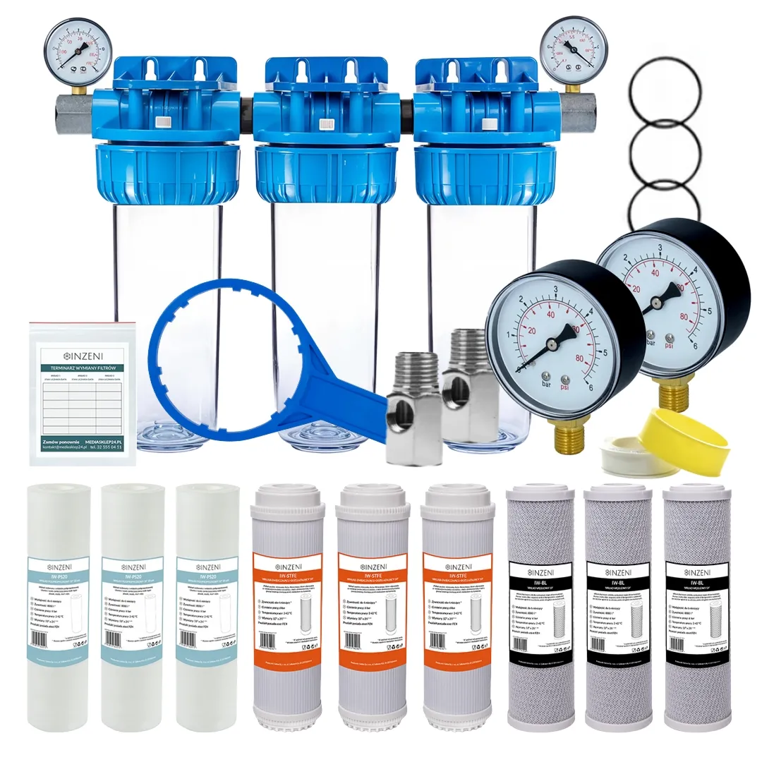Filtr na żelazo i twardą wodę 9 filtrów + MANOMETRY INZENI zestaw do domu