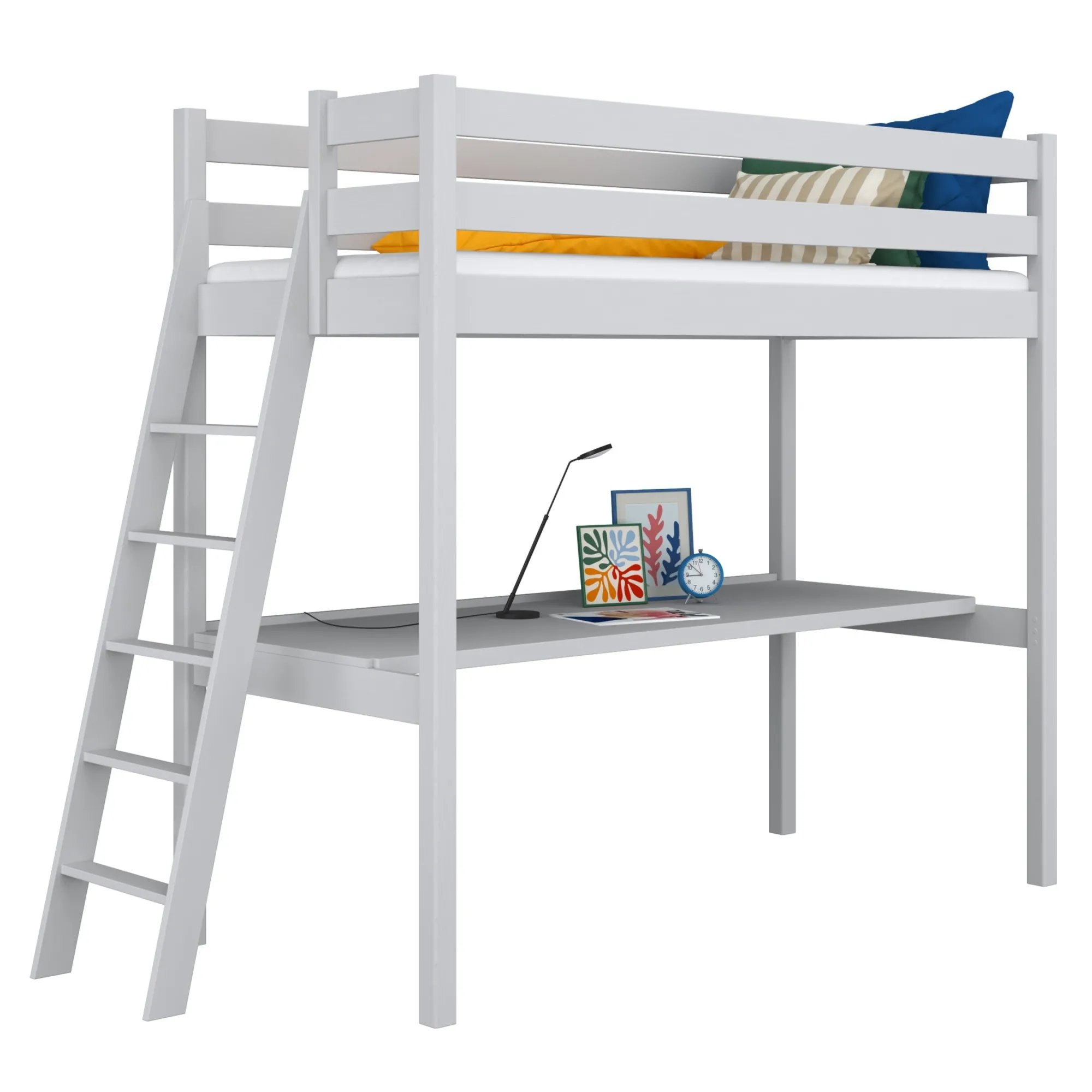 Drewniane łóżko na antresoli z biurkiem N02