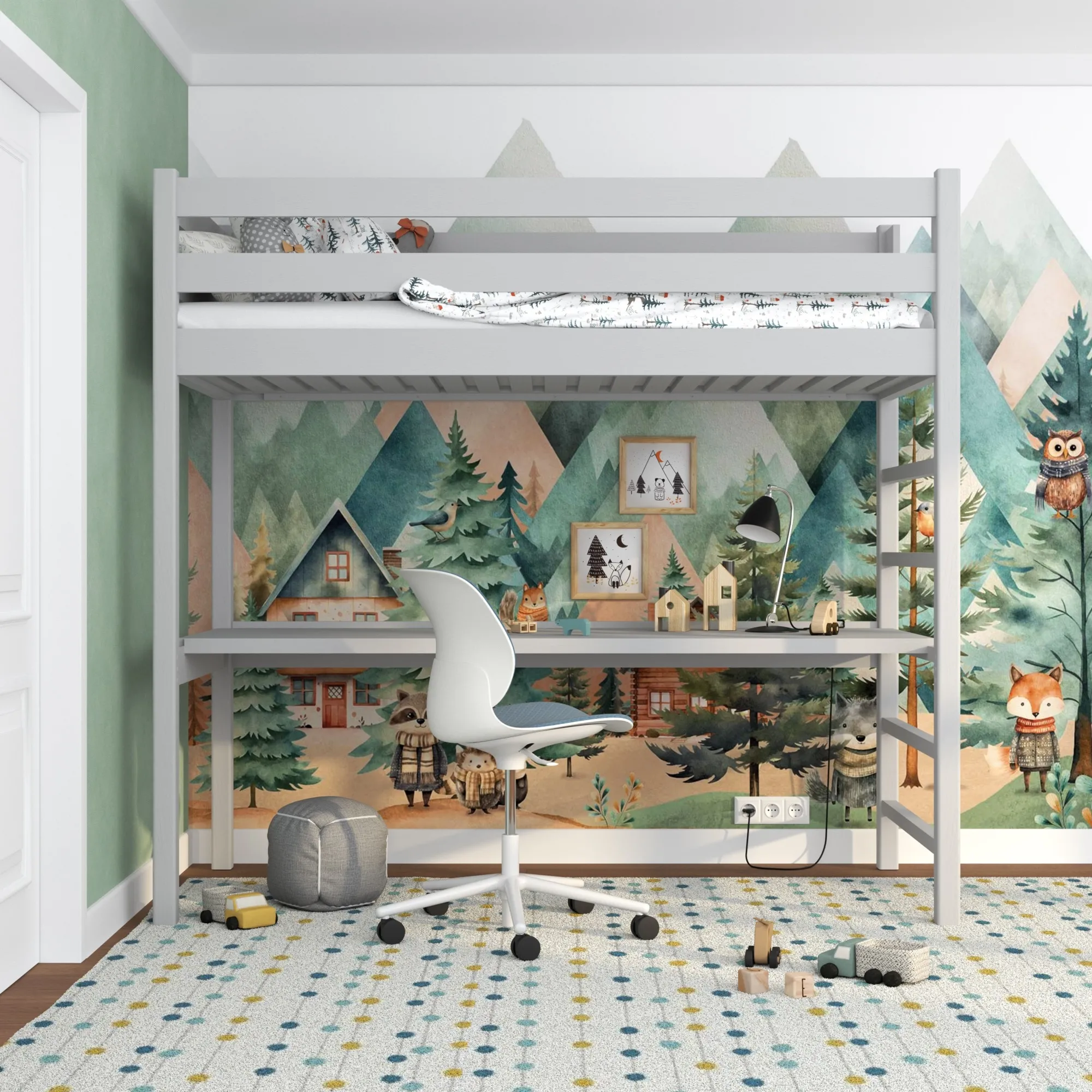 Drewniane łóżko na antresoli z biurkiem N01