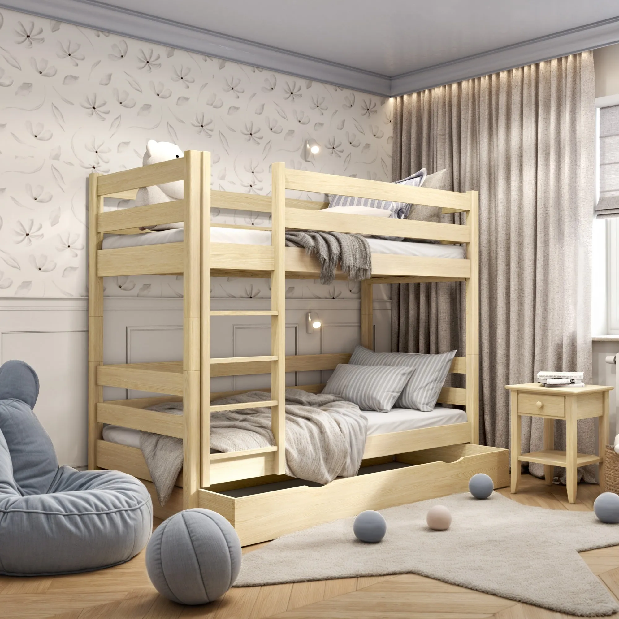 Drewniane łóżko piętrowe z szufladą N01