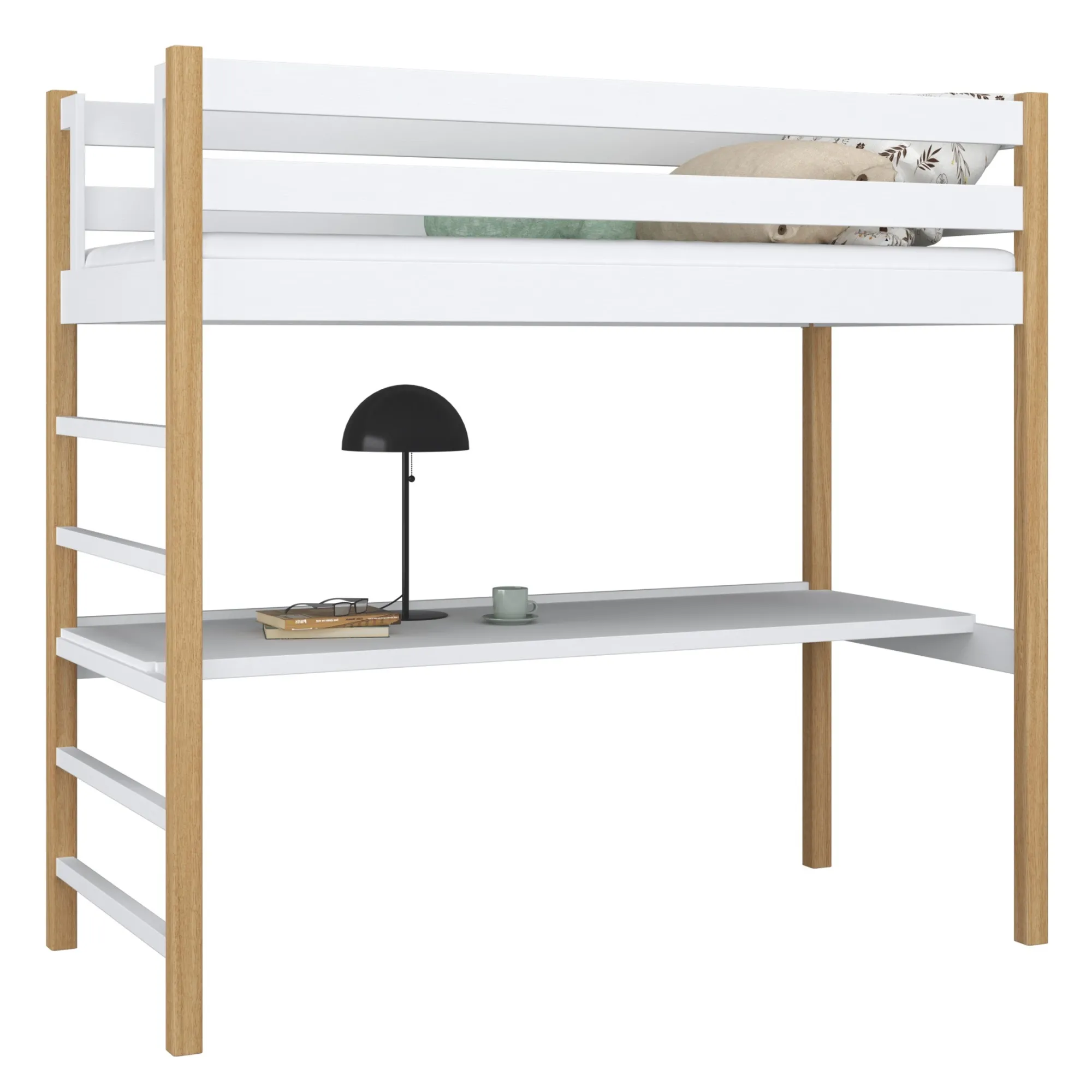 Drewniane łóżko na antresoli z biurkiem N01