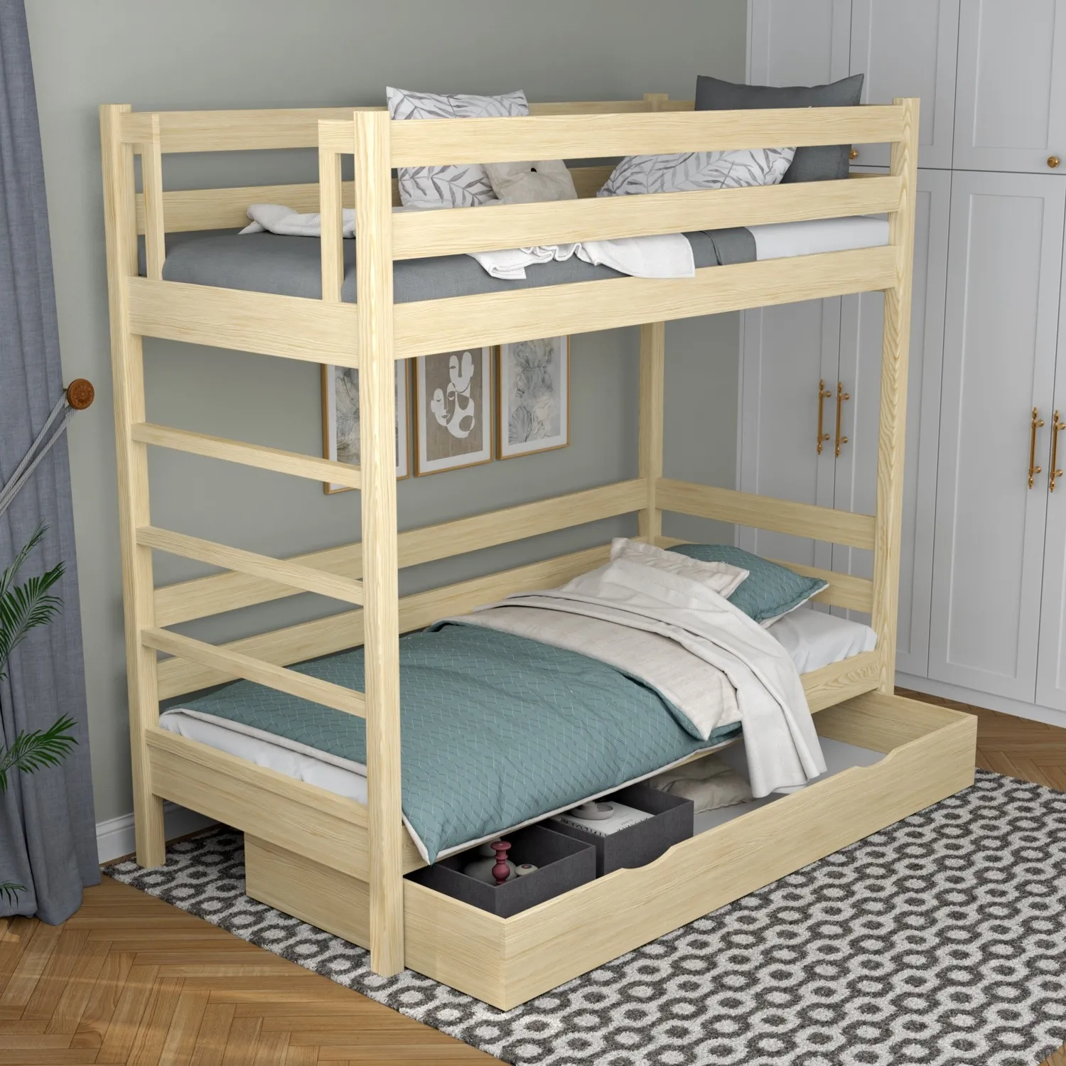 Drewniane łóżko piętrowe z szufladą N03