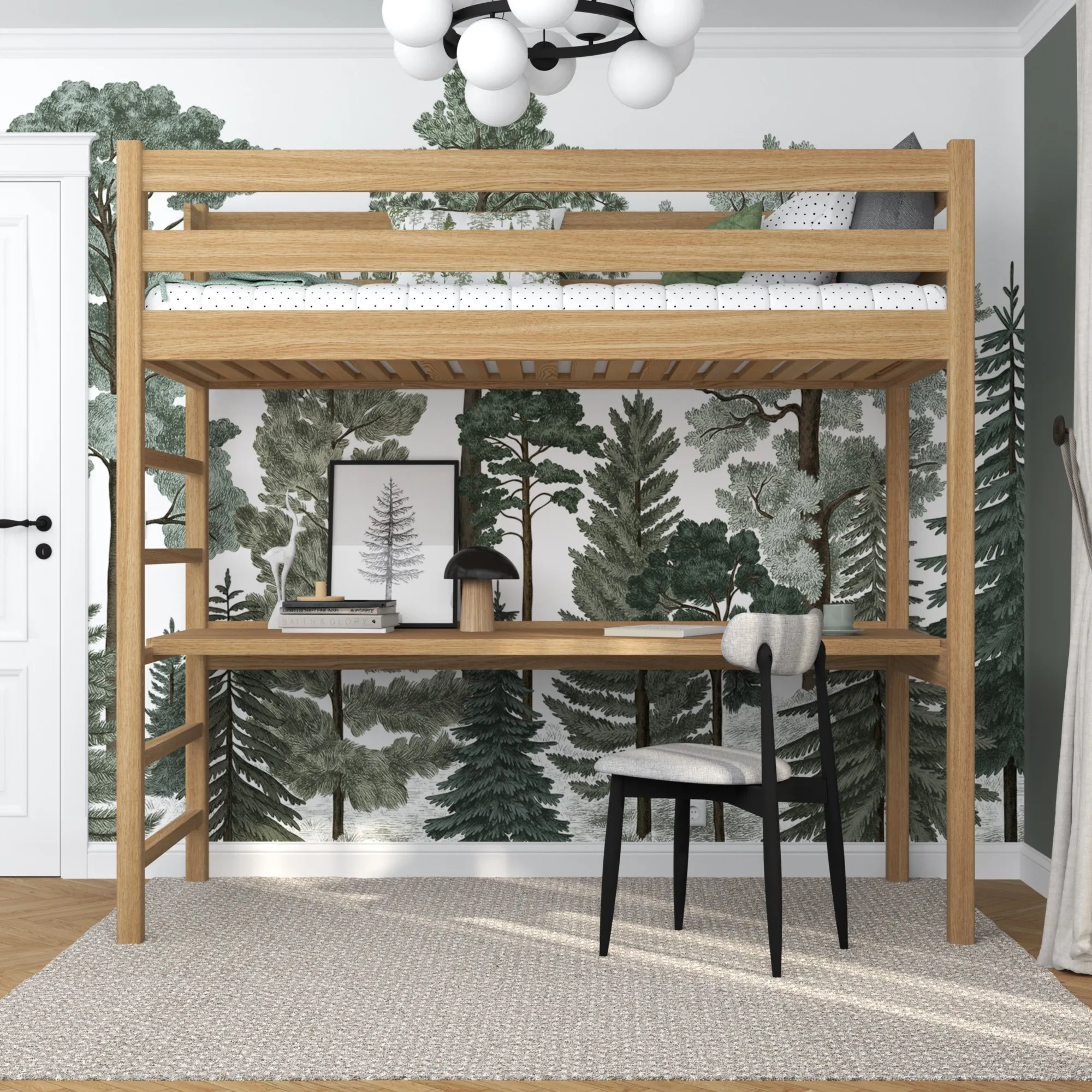 Dębowe łóżko na antresoli z biurkiem N01