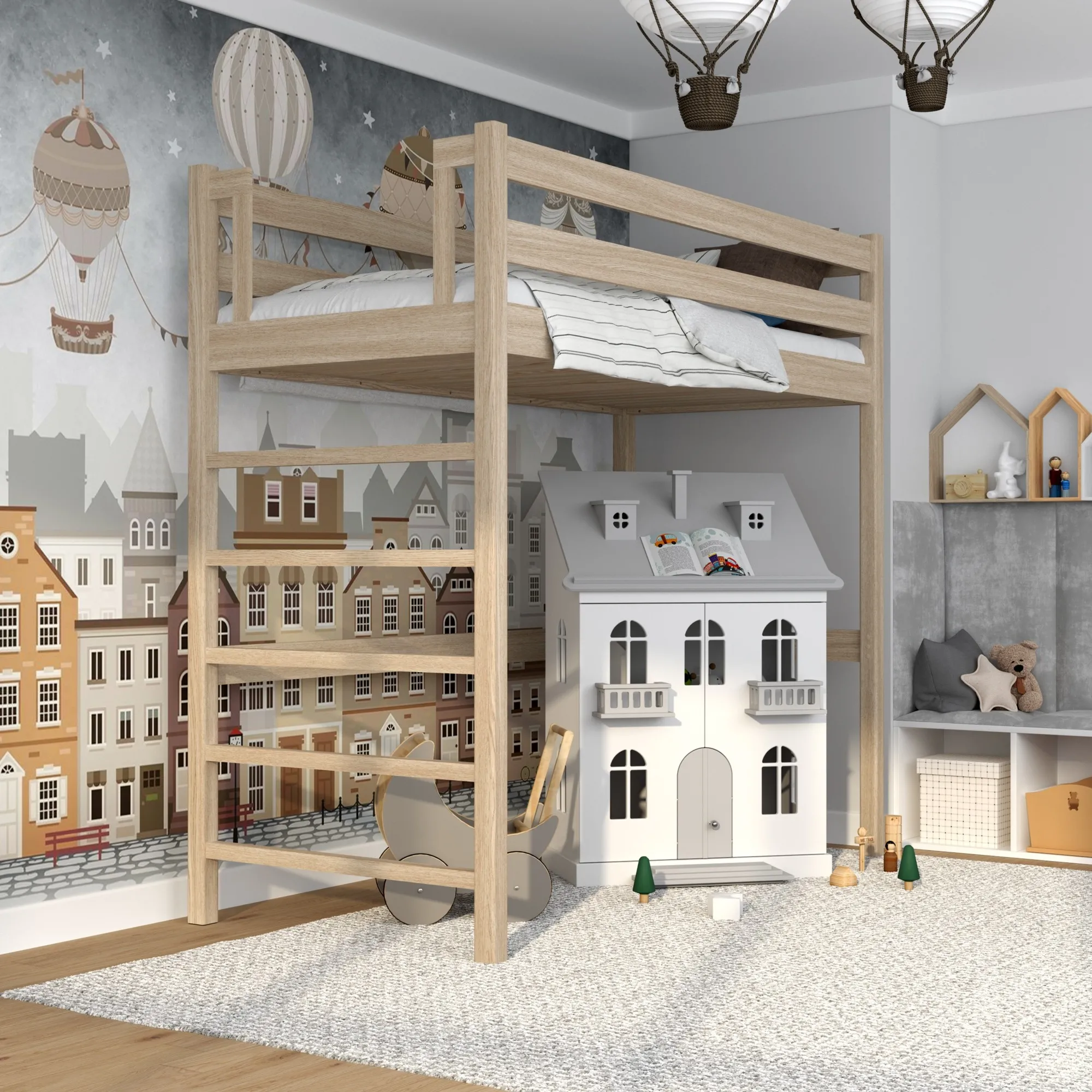 Dębowe łóżko na antresoli N01